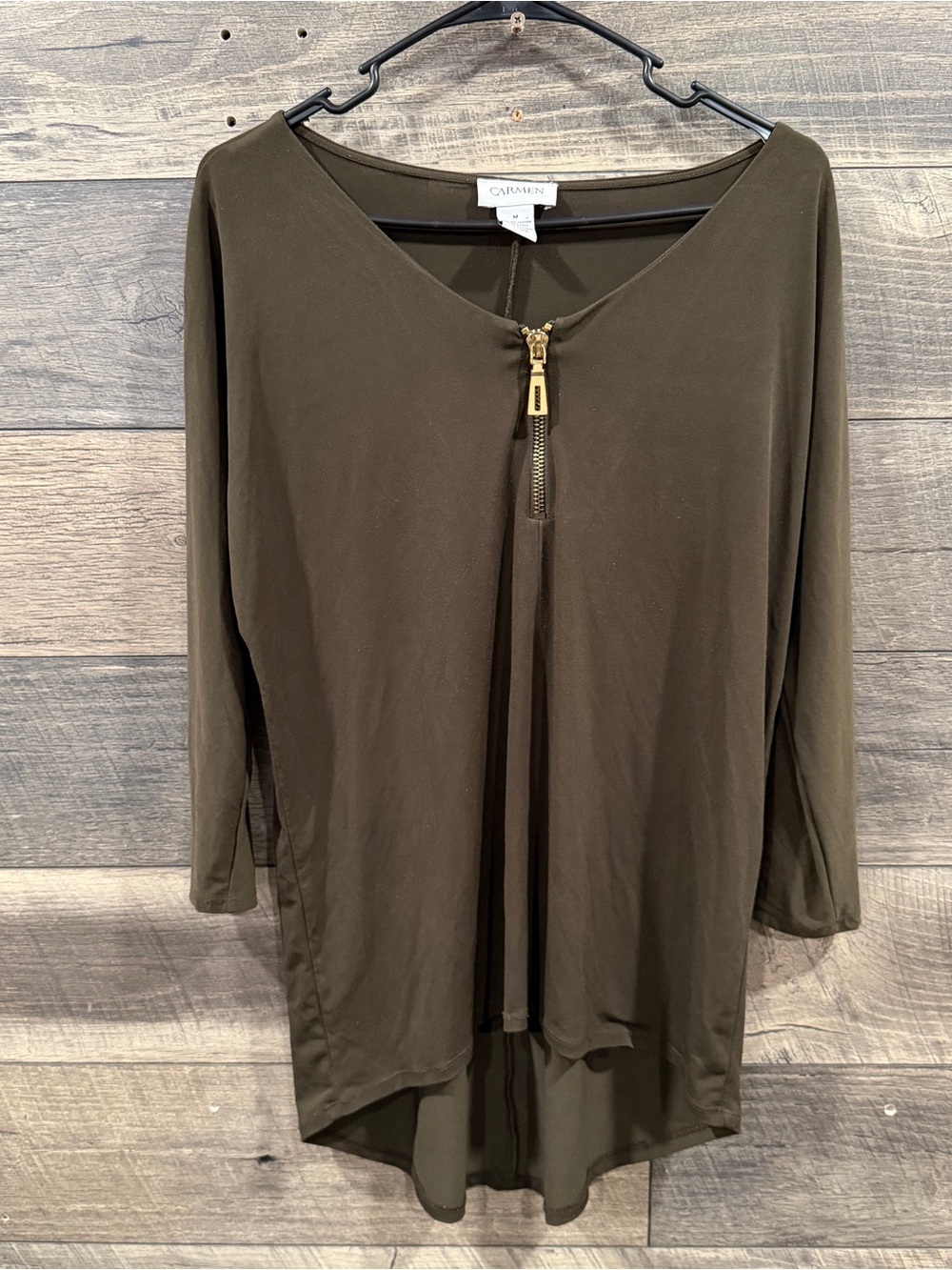 Carmen Olive Zip-Front V-Neck Tunic Top